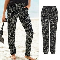 Ženske hlače Žene High Squist Ispis Easy pantalona Dugi Boho džepovi za plažu Crna L