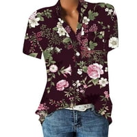 Sksloeg Ženske bluze Retro cvjetna print Dressy bluza V-izrez kratki rukav na vrhu Ležerne prilike dolje