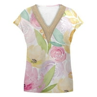 Gotyou Ženska majica za guipuru, Ležerni majica za cvijeće, duboki V izrez kratki rukav TEE TOP PINK XL