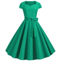 Ženska dužina koljena A-line kratki rukav modni kvadratni dekolte, Summer Solid haljina zelena XL