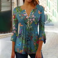 Cotonie ženske košulje Henley Flared rukavi V TUNIC TUNIC za žene Flora tiskana folwy bluza za bluzu majica tamno plave s