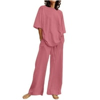 Ženska odjeća za pamučnu posteljinu za žene s kratkim rukavima pulover sa crtežom dugih hlača TrackSiuit jogger set pantalone na čvrstoj boji Ležerno dvodijelno odijelo