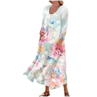 Amousa haljine Ženski casual udoban cvjetni print Tri četvrtine rukava pamučna haljina džepa