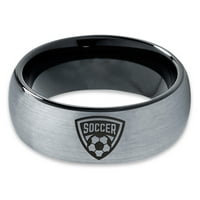 Tungsten Futbol Soccer Crest logo Bard prsten Muškarci Žene Comfort Fit Crna kupola Četkana siva Polirano