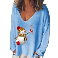Scyoekwg božićne majice za žene s dugim rukavima Pulover Božićni vrhovi tiska CSOOP izrez Loop Fit Bluzes Dugi rukav Bluze Duks sruši Dressy Casual Tops Graphic Tees Blue XL