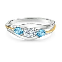 Gem Stone King 1. CT G-H Lab Grown Diamond Swiss Blue Topaz srebrni i 10k žuti zlatni prsten