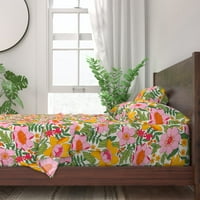 pamučni listovi, kraljica set - retro cvjetni svijetli cvijeće ružičasto narančasto zeleno sretno