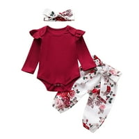 TODDLER Baby Girls Ruffles Solid Rodper Bodysuit + cvjetne hlače + set odjeće za glavu