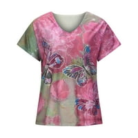 Odeerbi Ženske vrhove Dressy Casual Bluza Trendy Ispis V-izrez Pulover Top kratkih rukava majica Pink