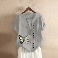 Ženska bluza za posadu pamučna posteljina casual puna majica kratkih rukava bluza Butterfly Print Tops