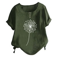 Majice za žene Ljeto okruglo dugme za okrugli vrat Pamuk i posteljina maslačak cvjetni ispis kratkih