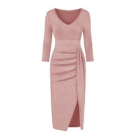 Miayilima Pink XL Formalne haljine za ženske zabave duge rukavske modne haljine visoke prorez V-izrez
