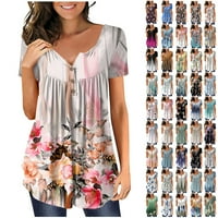 Hanas vrhovi ženske modne ljetne tunike, cvijeće i gradijent tiskane majice kratkih rukava, Henley V