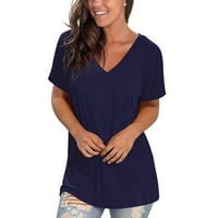 Majice za žene Ženska casual comfort V-izrez Solid Bool Pocket Loop Fit Majica kratkih rukava Ženska