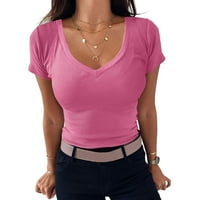 Majice za žene V izrez TEE košulju s rebrastim ugrađenim majica kratkih rukava Basic Knit Top BluuseSize