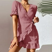 Ljetne haljine za žene kratki rukav omotač Mini modne čvrstog V-izrez ružičaste XL