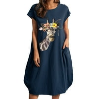 Odieerbi haljine za ženske casual haljine modni okrugli vrat Print plus veličine džepna haljina mornarice