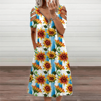 Ženski ljetni cvjetni printski krst V rect haljina Bohemian Flowy Long Maxi haljine, suncokret
