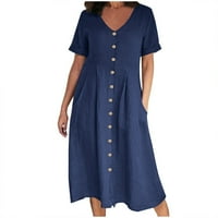 USMixi ljetne haljine za žene plus veličine casual gumb down džep pamučna posteljina košulja kratkih rukava V-izrez čvrsto dugačka formalna haljina tamno plava xxxxxl