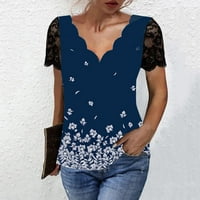Amousa vrhovi za žene Ležerne prilike Cvjetne tiskane majice Ripple V izrez TULLE kratki rukav majica
