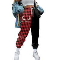 Ženski božićni print Duks pamučni casual joggers boja blok visokih struka Žučeve pantalone džepove za