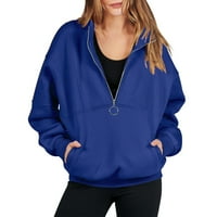 Ženski zip up džemper, polu zatvarajući dugih rukava, bez kapuljača bez kapuljača, plavi pulover vrhovi