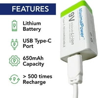 MaximalPower 9V punjiva Li-Ion baterija 650mAh W USB tip punjenja