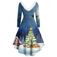 Dugi rukav s V-izrezom Print Božićne zabave Plava maturalna haljina za žene veličine 2xl
