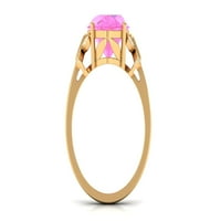 Ovalni stvoreni ružičasti safirni solitaire prsten sa moissine za žene, 14k žuto zlato, SAD 9.00