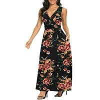 Ženska bez rukava dubokog V izrez Lool Long Maxi casual haljina F smeđa cvjetni crni medium