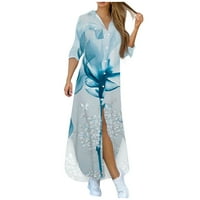 Ženska haljina seksi ležerna tiskana majica s dugim rukavima Labavi proret Maxi haljina COLLAR BLUE