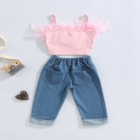 Peyakidsaa Toddler Girls Ljeto odijelo setovi ružičasti pero kamizole bez rukava + traper hlače sa džepovima