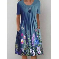 Haljine za žene Dužina koljena A-line kratkih rukava Labavi okrugli dekolte od tiskane haljine plave