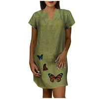 Ženska modna casual labav kratki rukav V izrez pamuk lana haljina za ispis, tamno zelena, XL, 85% pamuk,