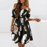 Ljetne haljine za žene kratki rukav A-line mini modne plaže od ispisane odjeće s ramenom crne s