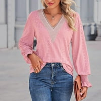 Ženska modna osnovna čvrsta i bluza Crochet V izrez dugih rukava Košulje Elegantne casual izlasci nagnute