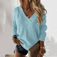Džemper za ženske ležerne labave boje u boji dugih rukava modni V vrat pulover pada odjeća