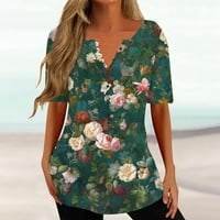 Trendi ljetne majice za žene Print V izrez kratkih rukava Cvjetni ispisani gumb bluza