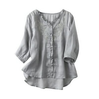Bluza od pamučnog platna u boji za žene V-izrez rukava Vintage vrhovi labavi vez casual majice