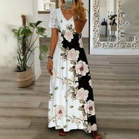 Žene Ljeto V izrez Čipka s kratkim rukavima cvjetni print Elegantna dugačka boemska haljina bijela 3xl
