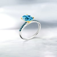 Gem Stone King 1. CT Swiss Blue Topaz Blue Diamond 10k bijeli zlatni prsten sa žutim zlatnim zubama