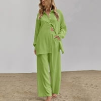 Funicet žensko dugme dugih rukava s dugim rukavima Bluza i hlače postavljene sa džepom metvice zelene