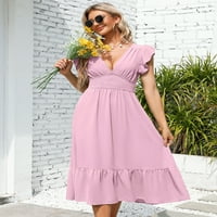 Ženske ljetne casual cvjetne haljine V izrez kratki rukav ruffle Lood midi sunčana haljina