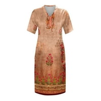 Amousa žensko ljeto plus veličina V izrez kratki rukav džep za koljevce Retro cvijet Ispis casual haljina