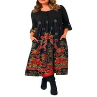 Enwejyy ženske proljeće i jesenje etničko tiskanje rukav okrugli dekolte, ležerna haljina