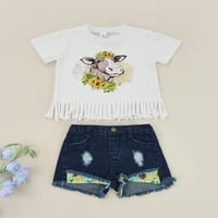 Djevojke toddlera Ljetne odjeće, kratki rukav kravji vrhovi + set od traper kratkih hlača