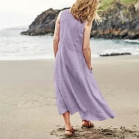 Ženska casual bez rukava bez rukava plus veličina labava ravna duga ljetna plaža Maxi haljina s džepovima
