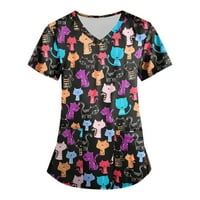 Ženski bluze Ženska modna radna odjeća s kratkim rukavima V-izrez s džepovima od tiskanih vrhova Multicolor