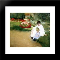 Žena i dijete sjede u vrtu uokvirene umjetničke tiska Mary Cassatt