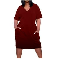Tunika kratkih rukava za žene plus veličine V izrez Solid Color Sundress Loot Fit Thirt haljine sa džepovima